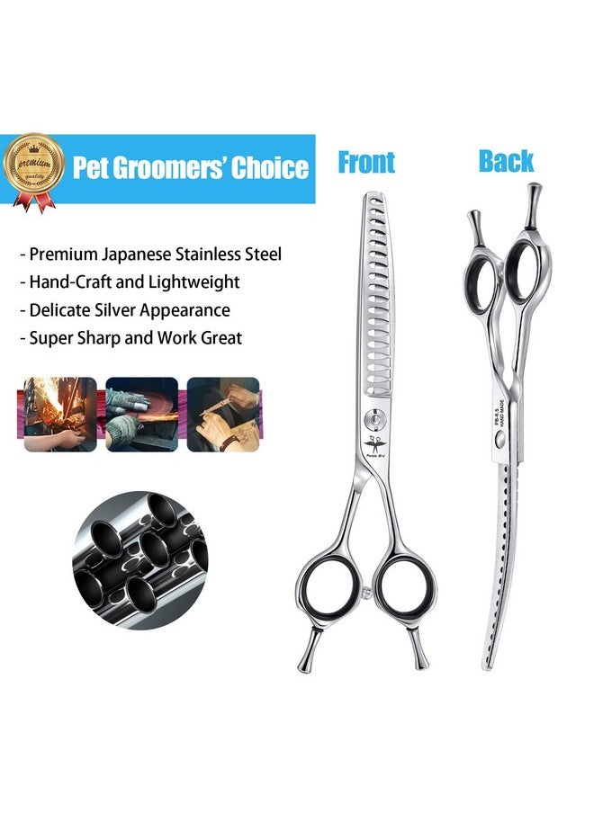 PURPLEBIRD 6.5 Inch Downward Curved Dog Grooming Scissors Pet Chunker Shears Professional Safety Blunt Tip Trimming Shearing For Dogs Cats Face Paws Limbs Japanese Stainless Steel Silver  - Image 4