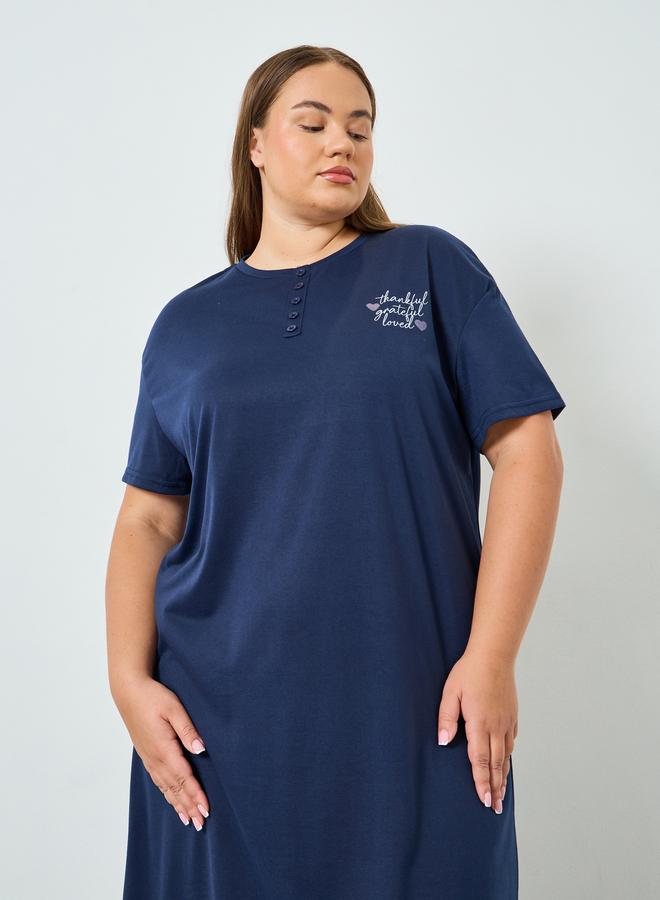 Styli Plus Size Navy Blue Printed Slogan T-Shirt Dress - Image 3