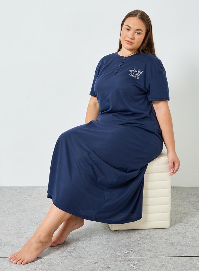 Styli Plus Size Navy Blue Printed Slogan T-Shirt Dress - Image 1
