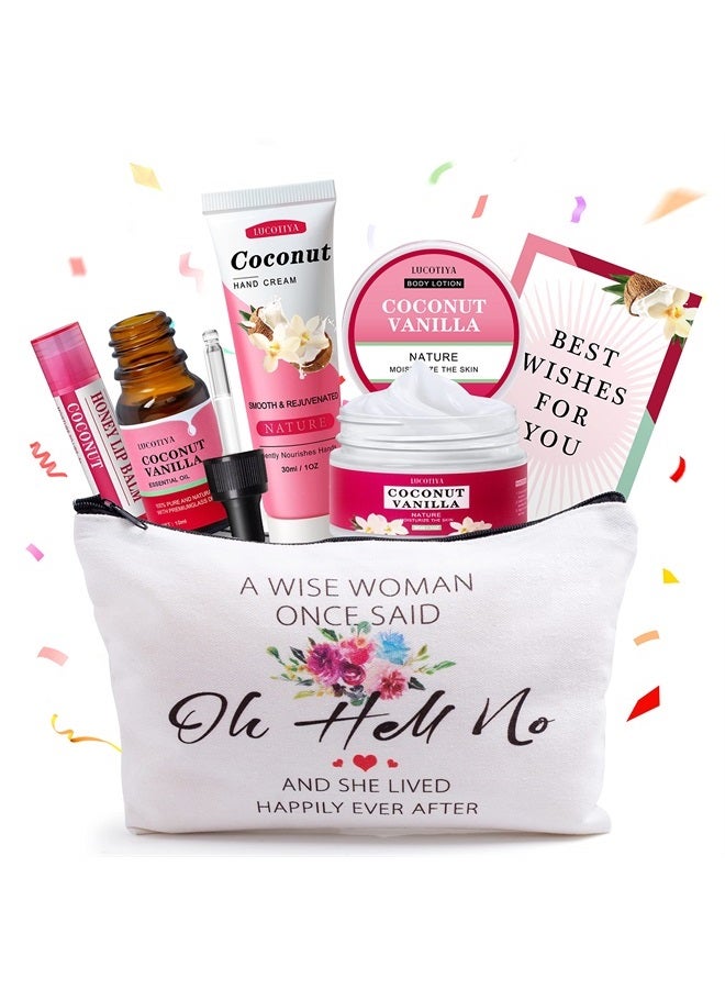LUCOTIYA Gifts for Women,Friendship Gifts for Women,Travel Size Convenience Kits Coconut Vanilla Spa Gifts for Women,Bath and Body Set Travel Bag Include Hand Cream,Body Lotion,Lip Balm,Essential Oil - Image 1