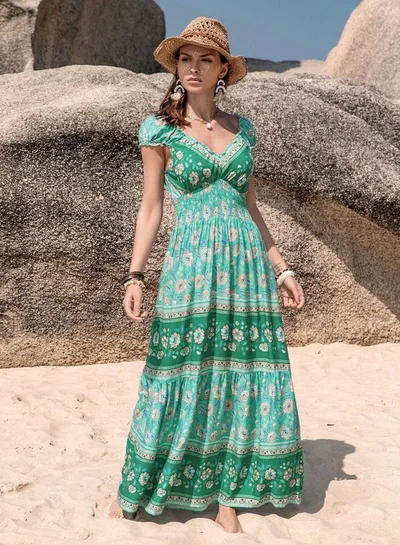 تايك تو فستان ماكسي بطبعة ورقبة على شكل حرف  وأكمام قصيرة