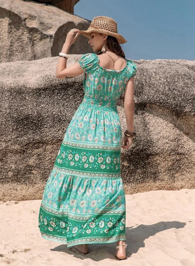 Take Two Take Two Printed V Neck Cap Sleeve Maxi Dress