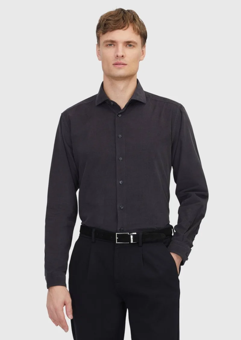 RAMSEY Hard Coal Plain Long Weaving Casual 100% Cotton Shirt