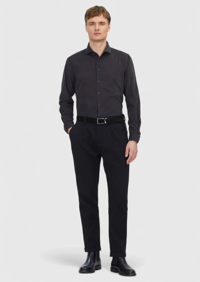 RAMSEY Hard Coal Plain Long Weaving Casual 100% Cotton Shirt