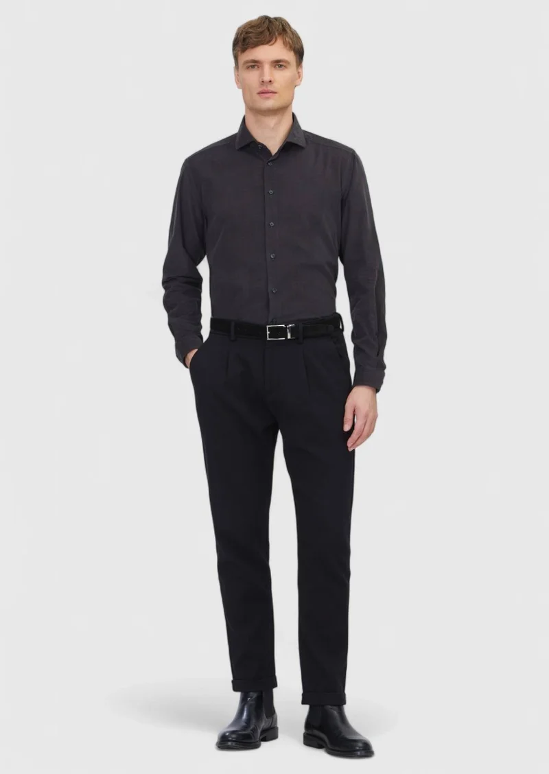 RAMSEY Hard Coal Plain Long Weaving Casual 100% Cotton Shirt