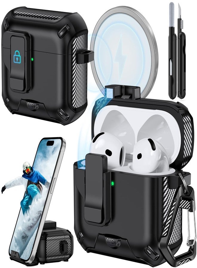 JOREMX for AirPods 4 Case (2024) with Phone Stand,with Automatic Snap Switch Carbon Fiber Design Protection Cover for Airpods 4 with Active Noise Cancellation Charging with Cleaning Pen (Black) - Image 1