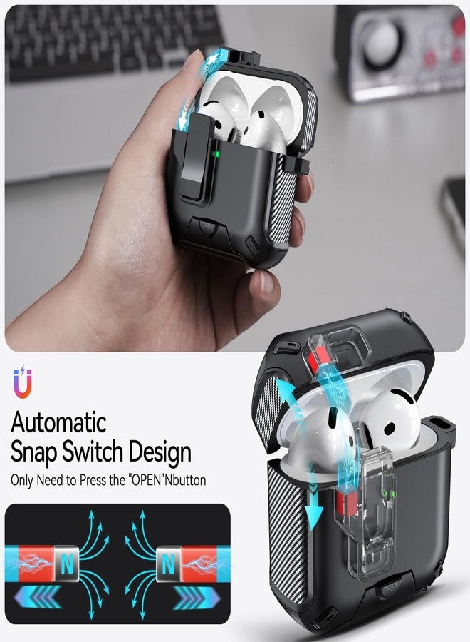 JOREMX for AirPods 4 Case (2024) with Phone Stand,with Automatic Snap Switch Carbon Fiber Design Protection Cover for Airpods 4 with Active Noise Cancellation Charging with Cleaning Pen (Black) - Image 3