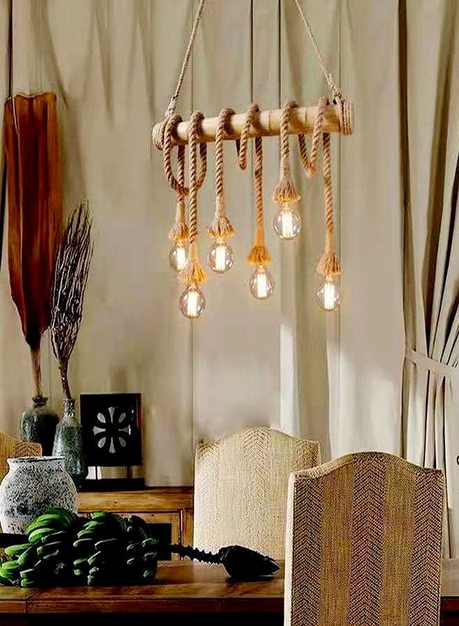 fashionhome Home Decoration Lights Rustic Lighting Retro Rope Bamboo Pendant Lamp Chandelier Light with 6 Bulbs 80x80 cm  - Image 4