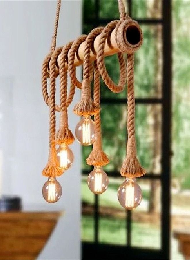 fashionhome Home Decoration Lights Rustic Lighting Retro Rope Bamboo Pendant Lamp Chandelier Light with 6 Bulbs 80x80 cm  - Image 2