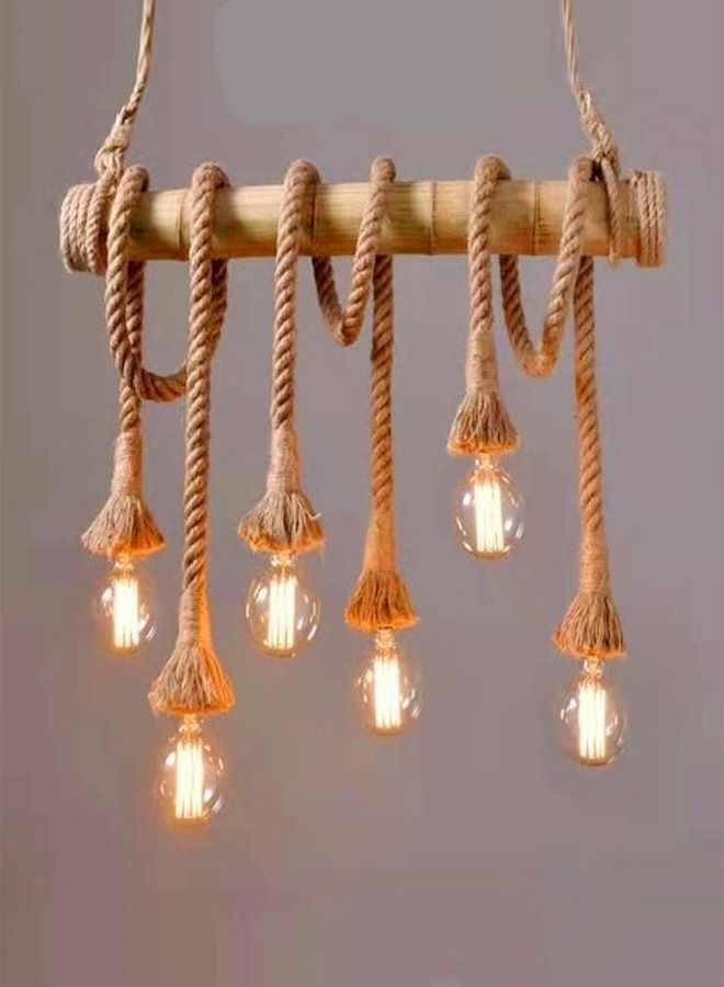 fashionhome Home Decoration Lights Rustic Lighting Retro Rope Bamboo Pendant Lamp Chandelier Light with 6 Bulbs 80x80 cm  - Image 1