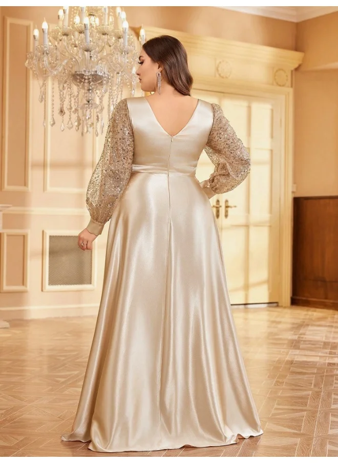 Madam Uniq New Plus Size Champagne Satin Sequin V-Neck Long Sleeve Dress