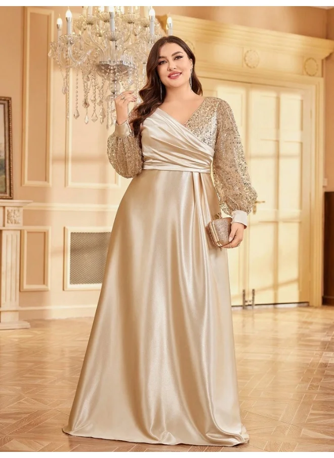 Madam Uniq New Plus Size Champagne Satin Sequin V-Neck Long Sleeve Dress