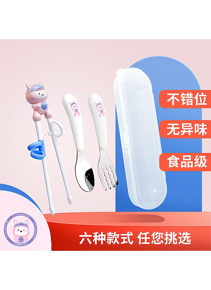 Generic - Childrens Chopsticks Learning Chopsticks Training Chopsticks Tableware Set 304 Stainless Steel Spoon Fork Baby Cartoon Correction Chopsticks Maternal and InfantRabbit learning Chopsticks +304 spoon Fork box Rabbit learning Chopsticks +304 spoon Fork box - Image 1