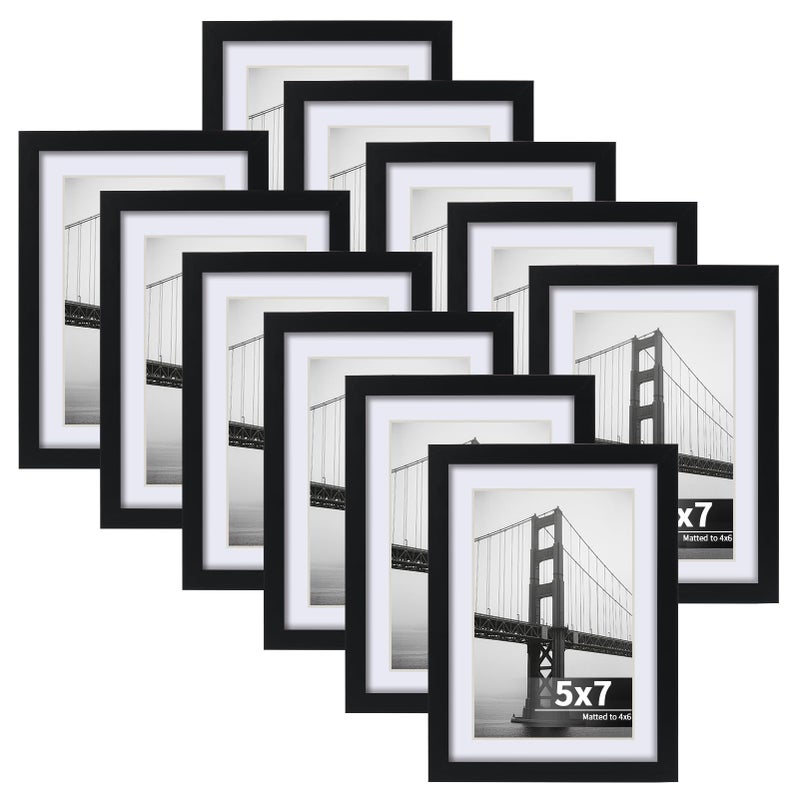 CRUGLA 5x7 Picture Frames Set of 11, Display Pictures 4x6 with Mat or 5 by 7 without Mat, Wall or Tabletop Display, Black - Image 1