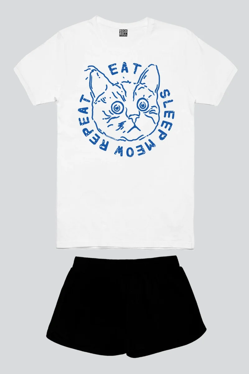Rock&Roll Confused Cat White Short Sleeve Women's Shorts Set