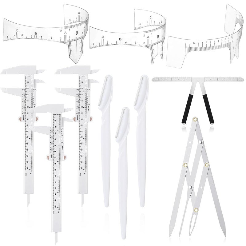 Konohan Konohan 11 Pcs Eyebrow Mapping Kit Eyebrow Shaping Tools Eye Brow Measuring Ruler Double Scale Vernier Caliper 3 Point Positioning Ruler Golden Ratio Caliper Brow Trimming Knives(White)