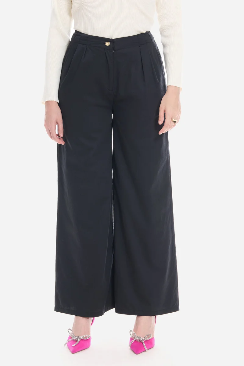 فيرجيو Solid Cotton Satin Pleated Wide Leg Pants for Women