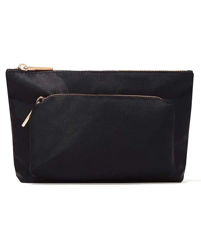 Jillian Dempsey Makeup Bag: Medium Sized Everyday Cosmetic Organizer with 2-Pockets and an Easy to Clean Nylon Material I Black with Rose Gold