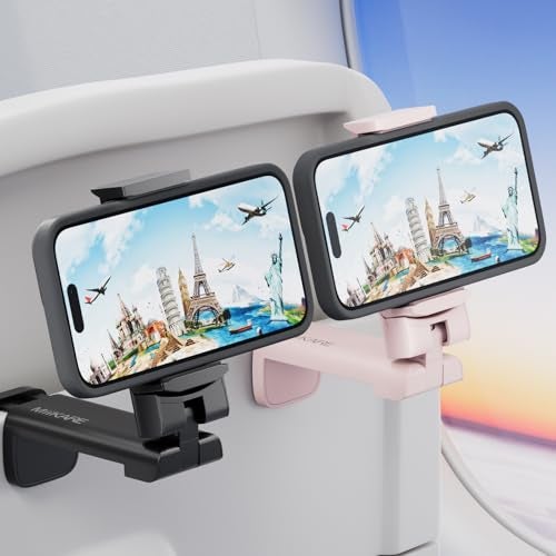 MiiKARE Travel Essentials Airplane Phone Holder, Universal Handsfree Phone Mount for Flying with 360 Degree Rotation, Travel Must Haves Phone Stand for Desk, Tray Table, Black&Pink - Image 1