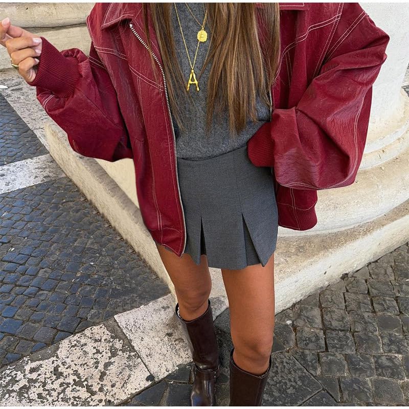 utcoco Women's Faux Leather Motorcycle Jacket Oversized Zip Up Winter Coat Outerwear 2025 Fall Fashion Clothes (Large, Red) - Image 2