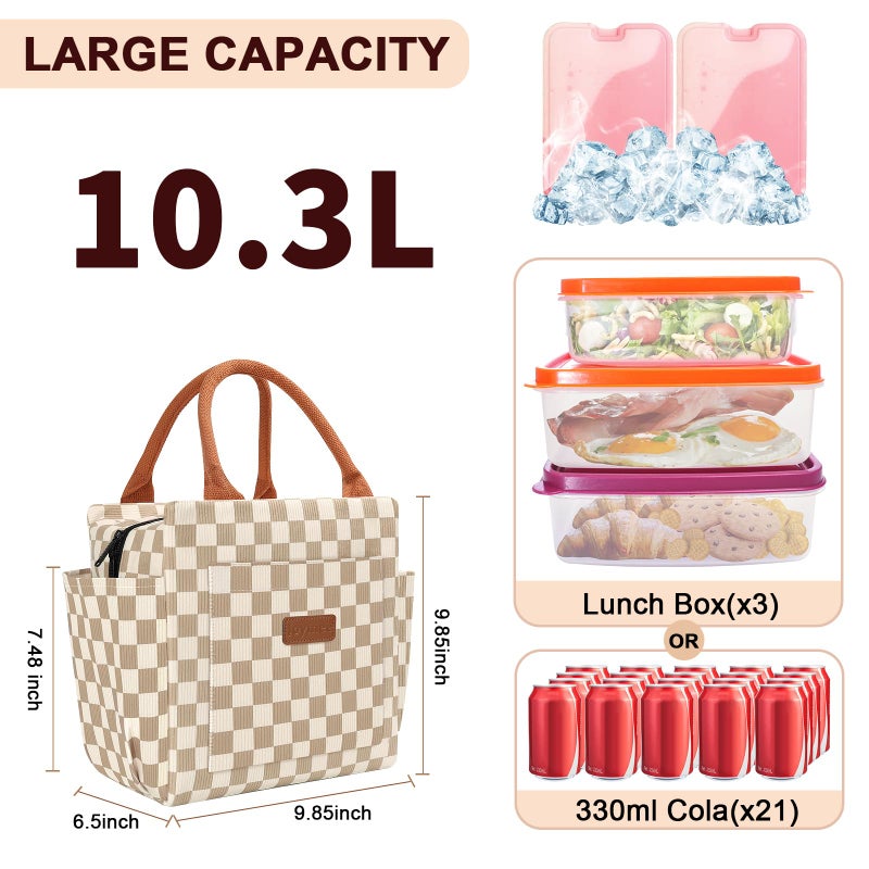Joymee Lunch Bag Women Insulated Lunch Box Corduroy Checker Reusable Leakproof Large Capacity Lunch Tote Bag for Women Men Adult with Side Pockets and Bottle Holder for Work - Corduroy Checker Brown - Image 2