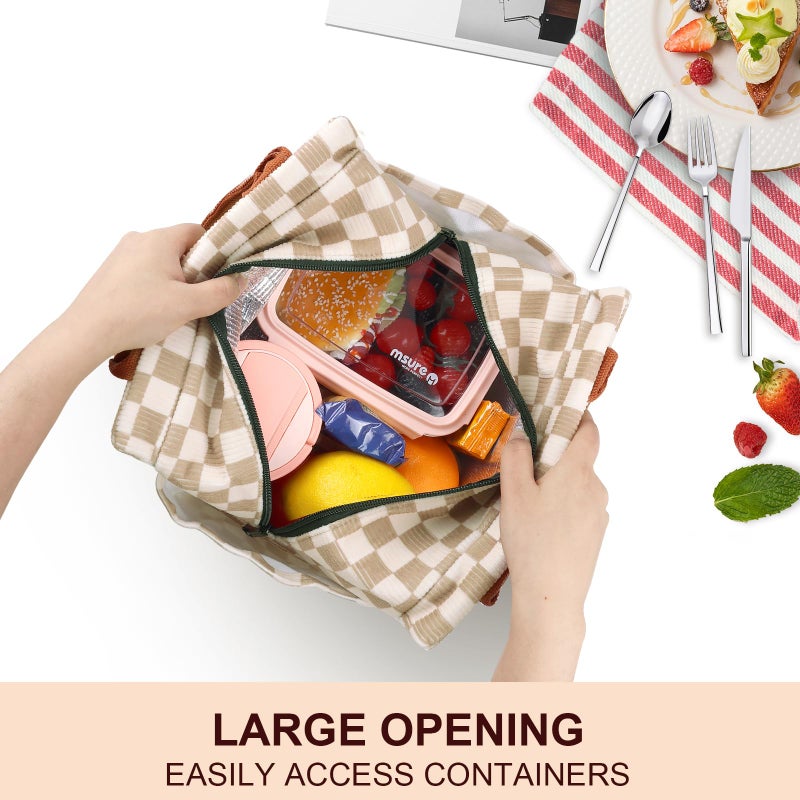 Joymee Lunch Bag Women Insulated Lunch Box Corduroy Checker Reusable Leakproof Large Capacity Lunch Tote Bag for Women Men Adult with Side Pockets and Bottle Holder for Work - Corduroy Checker Brown - Image 4