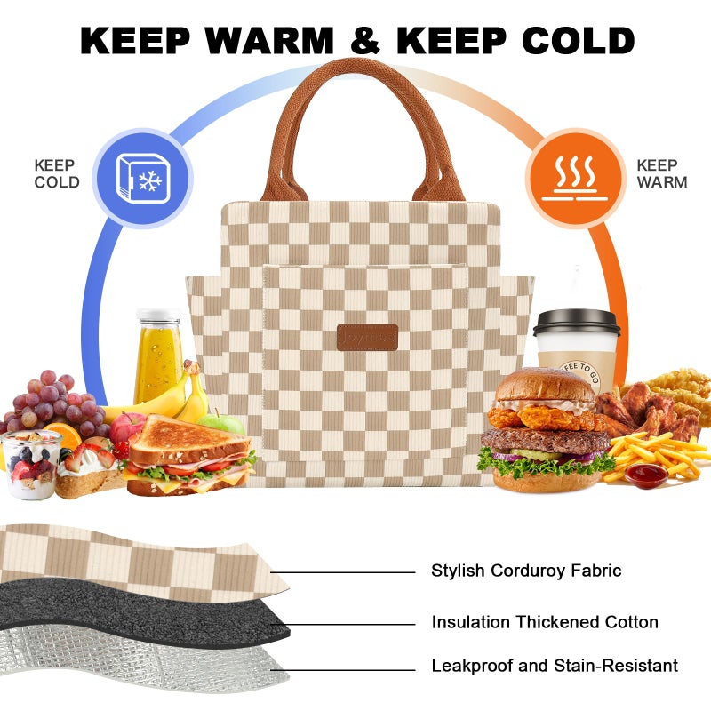 Joymee Lunch Bag Women Insulated Lunch Box Corduroy Checker Reusable Leakproof Large Capacity Lunch Tote Bag for Women Men Adult with Side Pockets and Bottle Holder for Work - Corduroy Checker Brown - Image 3