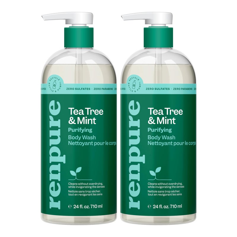 Renpure Tea Tree & Mint Body Wash - Cleanses, Invigorates & Refreshes Skin Without Over-Drying - For All Skin Types - Tea Tree Leaf Oil, Spearmint Leaf Oil - 24 Fl Oz each, 2 Pack - Image 1