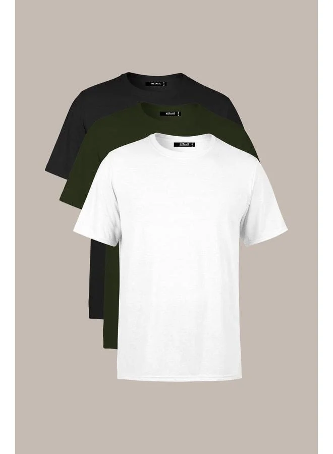 Mmetalic Men's Multicolored 100% Cotton T-Shirt Regular Fit Relaxed Cut Crew Neck 3-Pack Basic T-Shirt Set