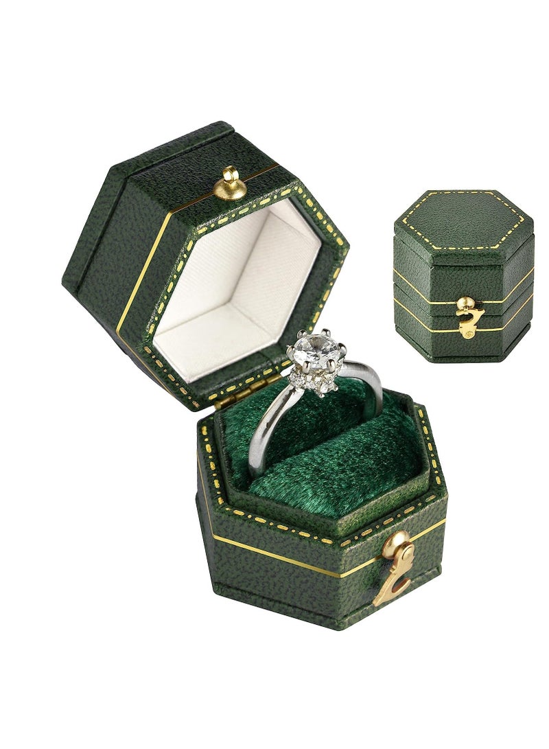 Vintage Ring Box, Antique Jewelry Classical Victorian Style Decor Mini Handcrafted for Gift Engagement Wedding Proposal Travel PU Leather (Hexagons, Green) - Image 1