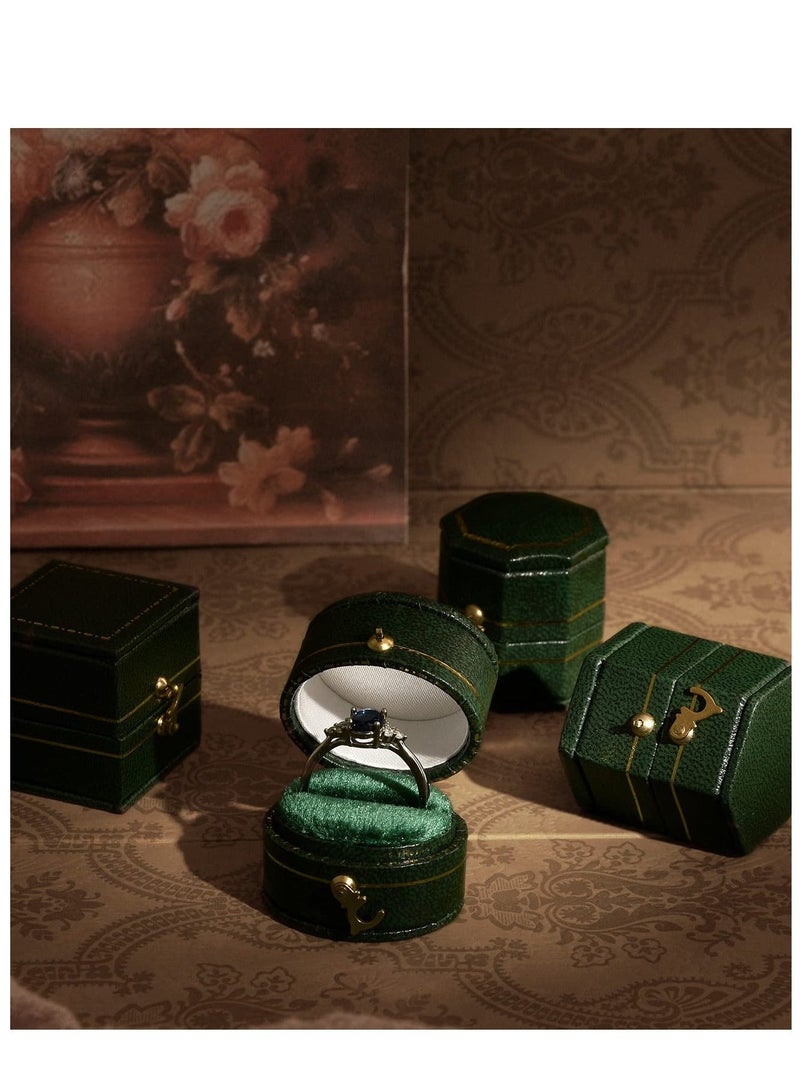 Vintage Ring Box, Antique Jewelry Classical Victorian Style Decor Mini Handcrafted for Gift Engagement Wedding Proposal Travel PU Leather (Hexagons, Green) - Image 2