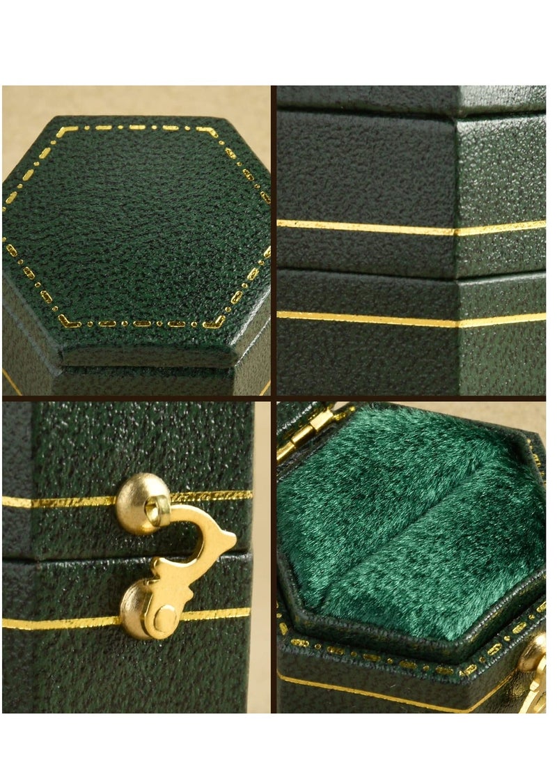Vintage Ring Box, Antique Jewelry Classical Victorian Style Decor Mini Handcrafted for Gift Engagement Wedding Proposal Travel PU Leather (Hexagons, Green) - Image 4