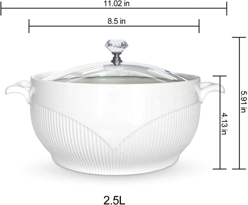 REANRO Ceramic Serving Soup Tureen Bowls with Glass Lid, White Porcelain Porcelain Serving Tureen, Ceramic Soup Pot for Salad Pasta Noodles Stew, Microwave and Dishwasher Safe (2.5L) - Image 2