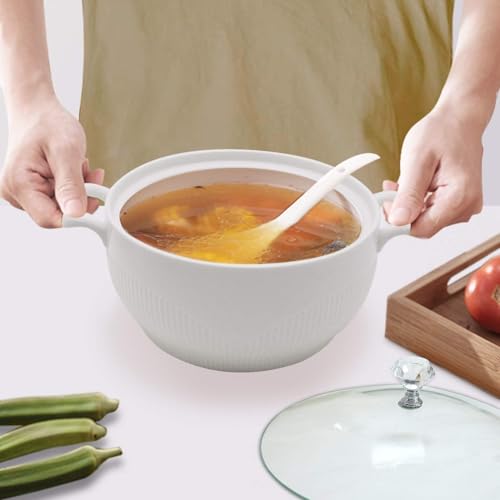 REANRO Ceramic Serving Soup Tureen Bowls with Glass Lid, White Porcelain Porcelain Serving Tureen, Ceramic Soup Pot for Salad Pasta Noodles Stew, Microwave and Dishwasher Safe (2.5L) - Image 5