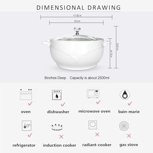 REANRO Ceramic Serving Soup Tureen Bowls with Glass Lid, White Porcelain Porcelain Serving Tureen, Ceramic Soup Pot for Salad Pasta Noodles Stew, Microwave and Dishwasher Safe (2.5L) - Image 3