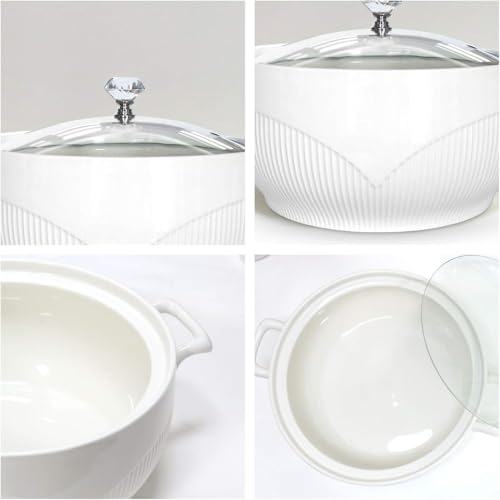 REANRO Ceramic Serving Soup Tureen Bowls with Glass Lid, White Porcelain Porcelain Serving Tureen, Ceramic Soup Pot for Salad Pasta Noodles Stew, Microwave and Dishwasher Safe (2.5L) - Image 4