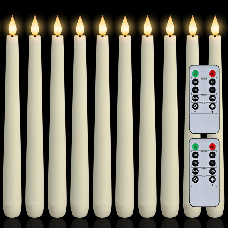 Homemory 12 Pcs Waxy Flameless Taper Candles with Remote Led Flameless Candlesticks Classic Tall Candle Flickering Battery Operated Taper Candles for Bedroom Dining Room Ivory 96 inches - Image 2