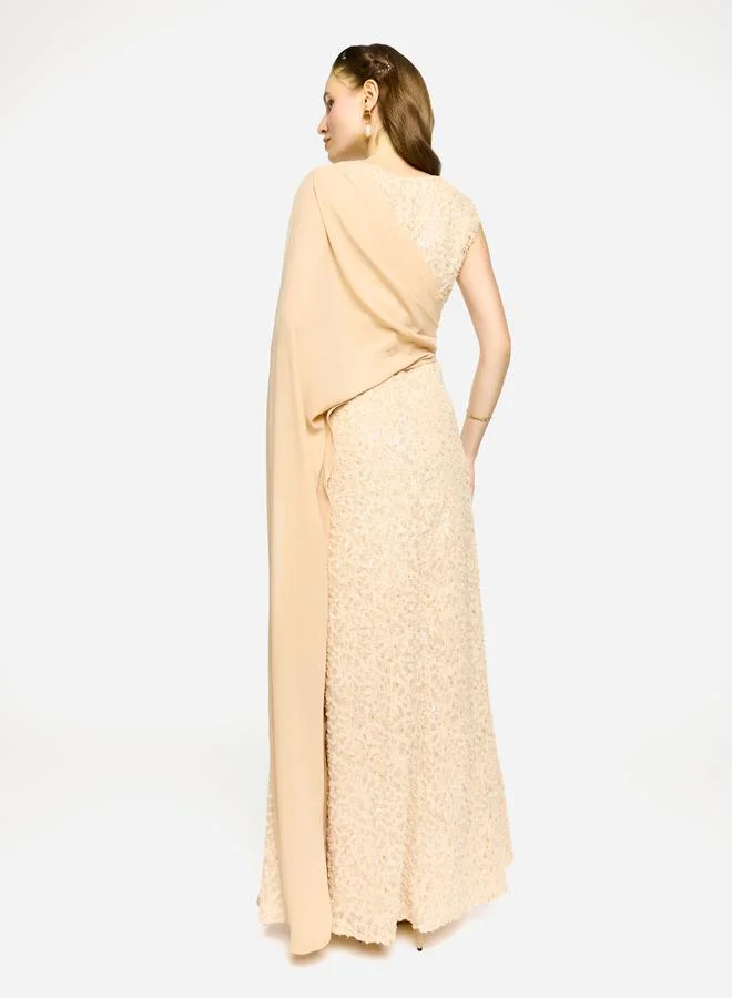 House of Moda House of Moda Sequin Embroidered One Cape Sleeve Maxi Dress