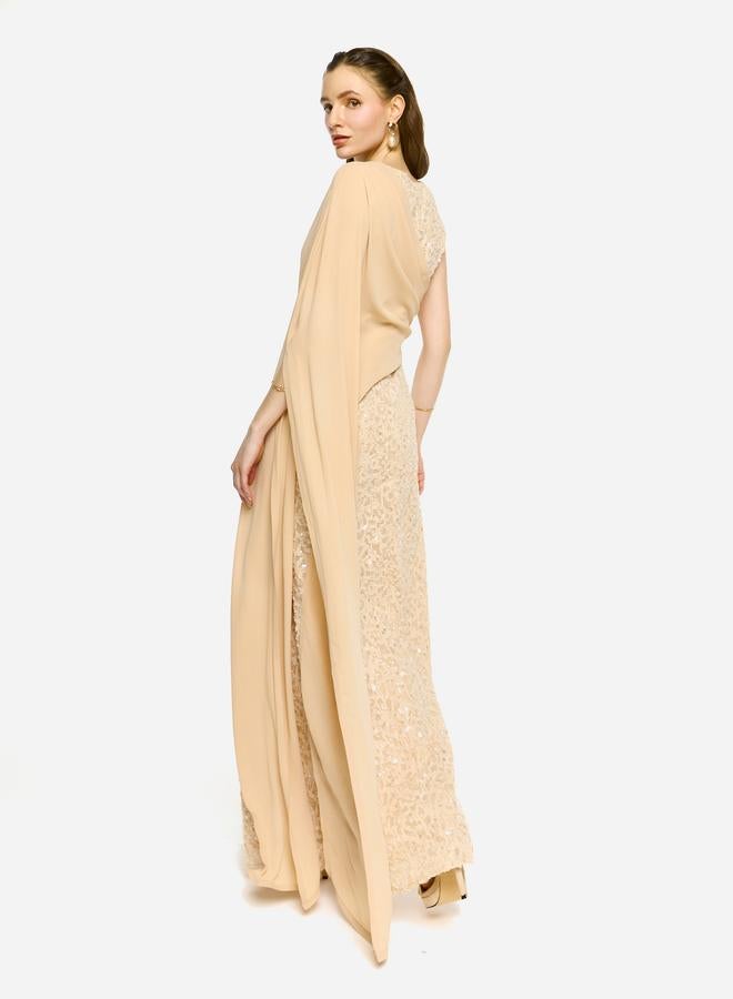 House of Moda Sequin Embroidered One Cape Sleeve Maxi Dress - Image 3