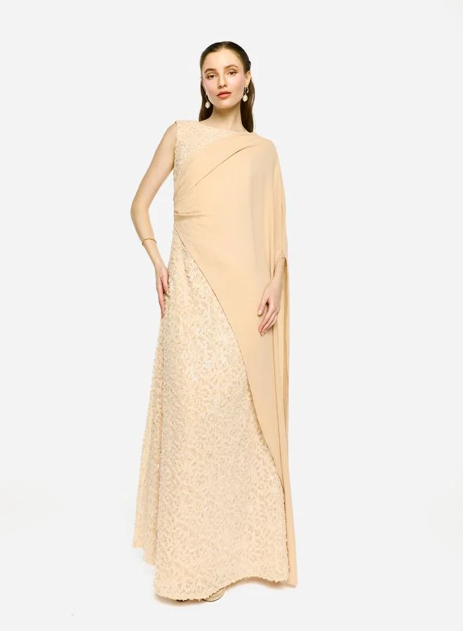 House of Moda House of Moda Sequin Embroidered One Cape Sleeve Maxi Dress