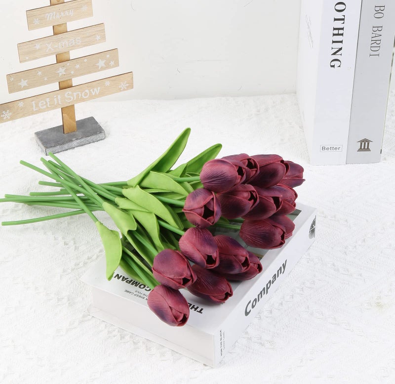 IPOPU Tulips Artificial Flowers 24PCS Burgundy Flowers Real Touch Tulips Fake Tulips Burgundy Silk Flowers Faux Flowers for Home Decoration Wedding Bouquet Party Baby Shower - Image 3
