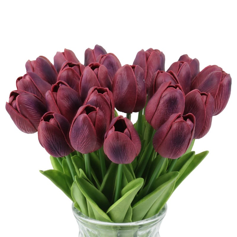 IPOPU Tulips Artificial Flowers 24PCS Burgundy Flowers Real Touch Tulips Fake Tulips Burgundy Silk Flowers Faux Flowers for Home Decoration Wedding Bouquet Party Baby Shower - Image 1