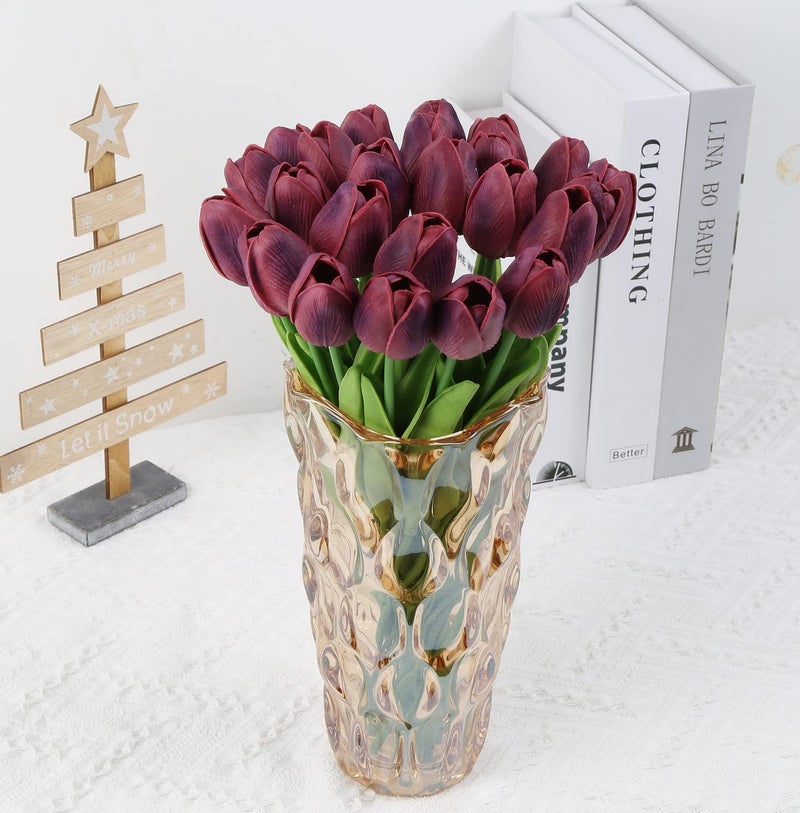 IPOPU Tulips Artificial Flowers 24PCS Burgundy Flowers Real Touch Tulips Fake Tulips Burgundy Silk Flowers Faux Flowers for Home Decoration Wedding Bouquet Party Baby Shower - Image 5