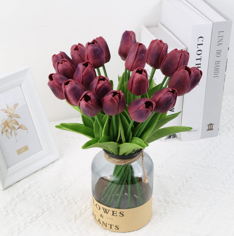 IPOPU Tulips Artificial Flowers 24PCS Burgundy Flowers Real Touch Tulips Fake Tulips Burgundy Silk Flowers Faux Flowers for Home Decoration Wedding Bouquet Party Baby Shower - Image 2