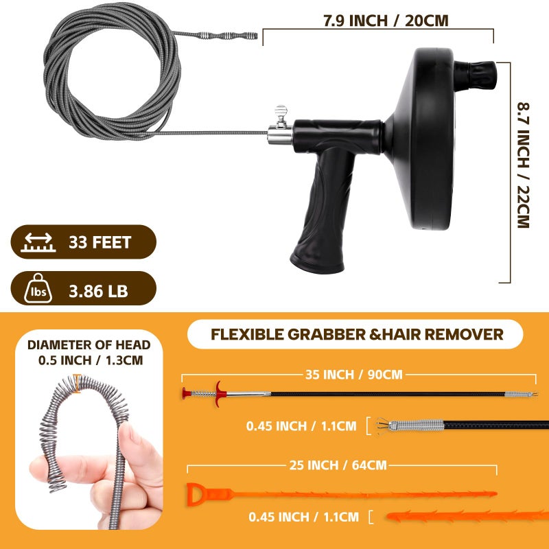 Ginbel Direct Drain Auger 33 ft, Plumbing Snake Hair Clog Remover Drain Snake Flexible Grabber Heavy Duty Sink Cleaner Tools for Shower Bathtub Bathroom Kitchen Pipe, Black - Image 2