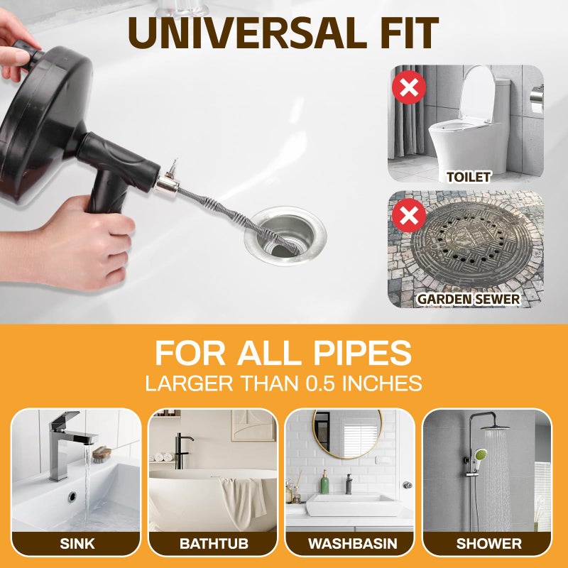 Ginbel Direct Drain Auger 33 ft, Plumbing Snake Hair Clog Remover Drain Snake Flexible Grabber Heavy Duty Sink Cleaner Tools for Shower Bathtub Bathroom Kitchen Pipe, Black - Image 3