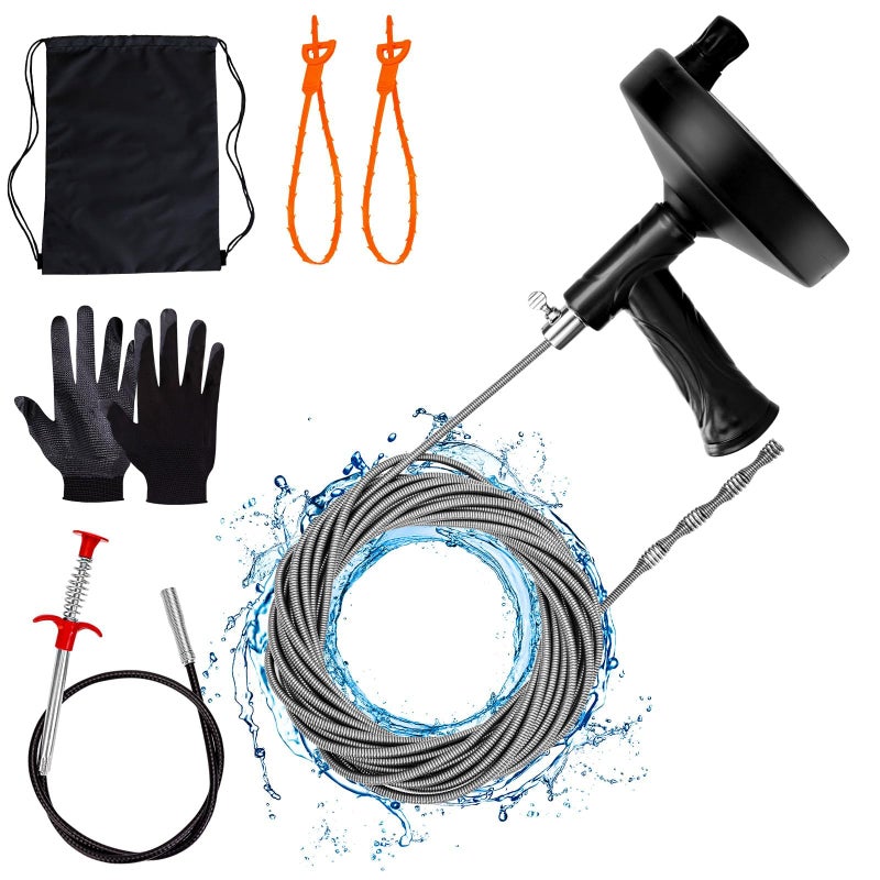 Ginbel Direct Drain Auger 33 ft, Plumbing Snake Hair Clog Remover Drain Snake Flexible Grabber Heavy Duty Sink Cleaner Tools for Shower Bathtub Bathroom Kitchen Pipe, Black - Image 1