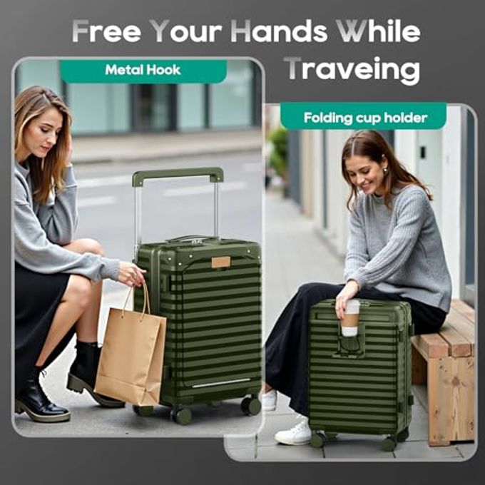Joyway 20 Inch Carry On Luggage With Front Pocket, Pc Hardshell Carry-On Suitcase With Usb Port And Cup Holder, 21.5X14.2X9 Airline Approved, Luggage With Spinner Wheels And Tsa Lock(Dark Green) - Image 3