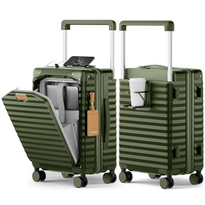 Joyway 20 Inch Carry On Luggage With Front Pocket, Pc Hardshell Carry-On Suitcase With Usb Port And Cup Holder, 21.5X14.2X9 Airline Approved, Luggage With Spinner Wheels And Tsa Lock(Dark Green) - Image 4