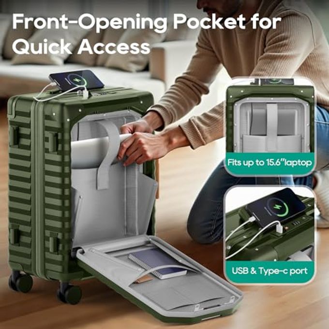 Joyway 20 Inch Carry On Luggage With Front Pocket, Pc Hardshell Carry-On Suitcase With Usb Port And Cup Holder, 21.5X14.2X9 Airline Approved, Luggage With Spinner Wheels And Tsa Lock(Dark Green) - Image 2